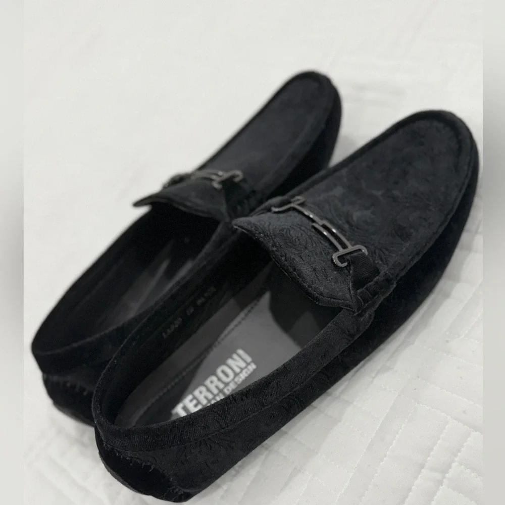 Terroni Italian‎ Design Mens Black Velvet Paisley Bit Loafers Driving Mocs LA220